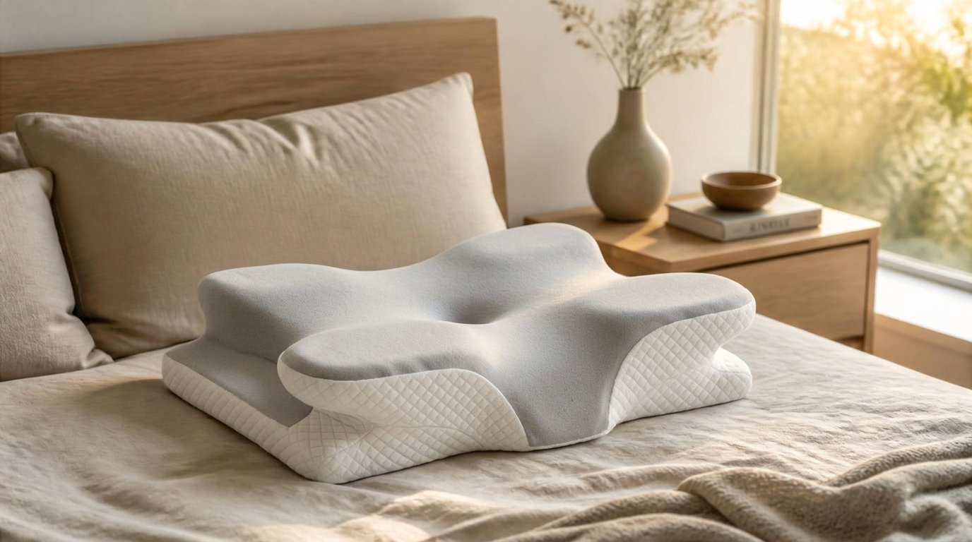 Ergonomic butterfly-shaped memory foam pillow on linen bedding in a Scandinavian bedroom at sunrise